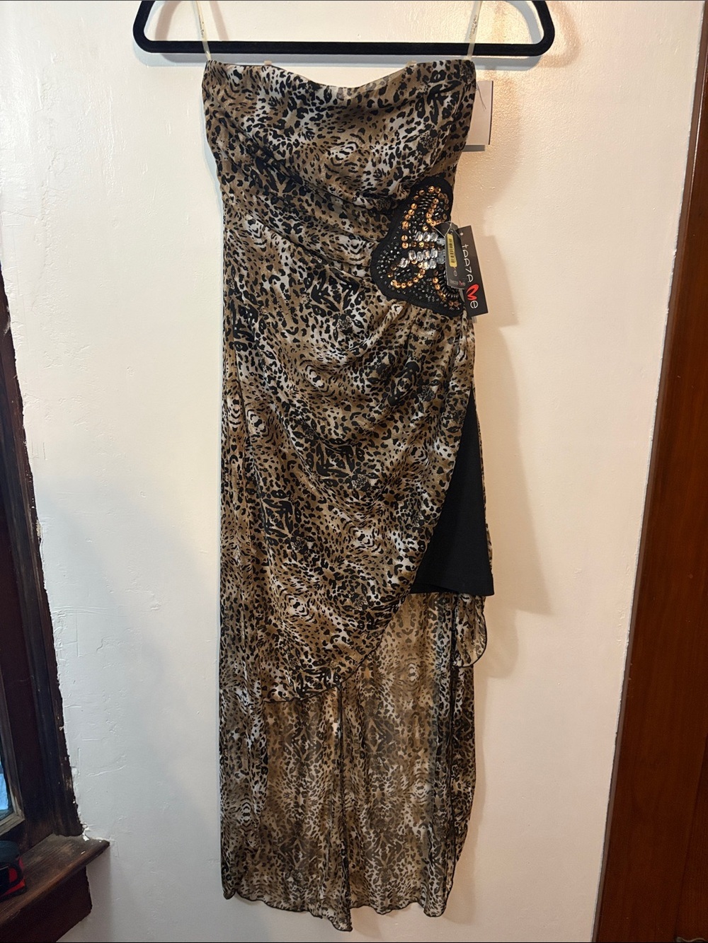 NWT: Teeze Me Leopard Print Strapless Dress in Black and Tan